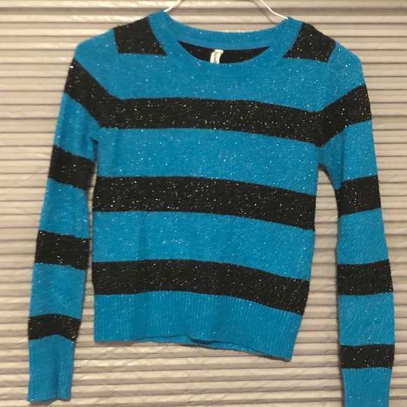 Cool Aeropostale Blue black Stripe Sparkle knit Sweater Long sleeves shimmer top - Picture 9 of 13